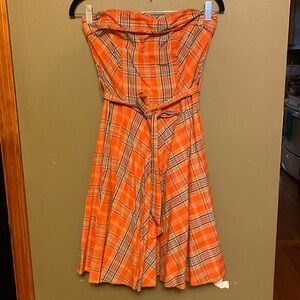 Orange Plaid Strapless Dress